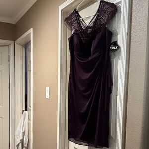 R & M Richards Beaded V-Neck Plum Midi Dress